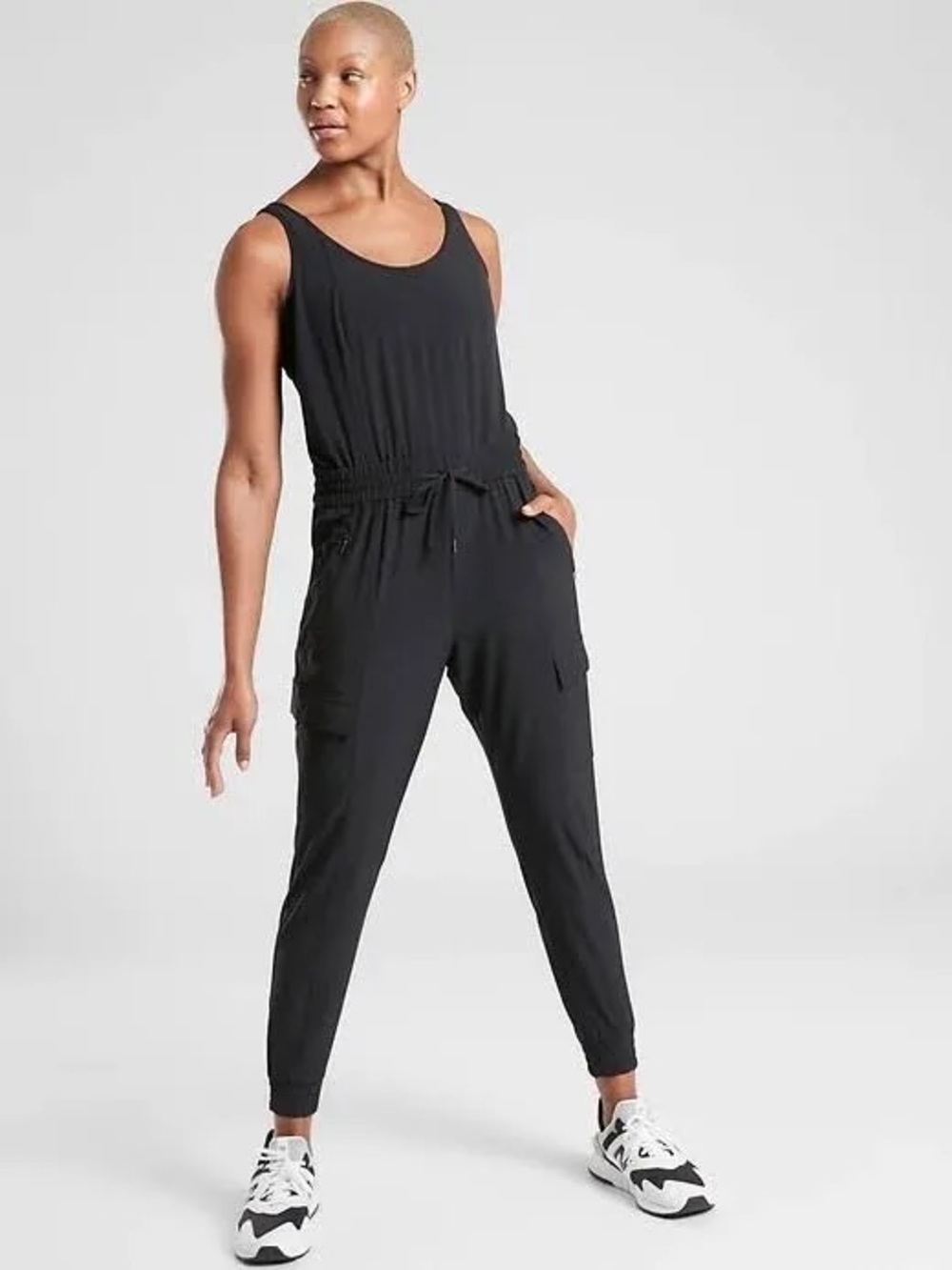 Athleta Black Sleeveless Cargo Jumpsuit with Zip Pockets -xs
